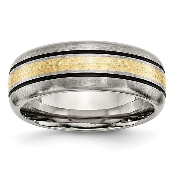 Kazi Luxury Titanium Antiqued & Brushed 14k Yellow Gold Inlay 8mm Grooved B&